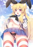  1girl :3 :o animal_ear_fluff animal_ears ass_visible_through_thighs bangs black_neckwear black_panties blonde_hair blue_sailor_collar blue_skirt blue_sky blush breasts cloud commentary_request cosplay cowboy_shot crop_top crop_top_overhang day eyebrows_visible_through_hair fake_animal_ears fox_ears fox_girl fox_tail gloves groin highres kantai_collection long_hair looking_at_viewer midriff miniskirt navel neckerchief open_mouth original panties partially_visible_vulva pleated_skirt purple_eyes rabbit_ears roshin sailor_collar shimakaze_(kancolle) shimakaze_(kancolle)_(cosplay) skirt sky solo standing striped striped_legwear tail tail_raised thighhighs underboob underwear very_long_hair wedgie white_gloves 