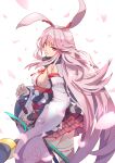  1girl absurdres animal_ears back bare_shoulders breasts dxy fox_ears highres holding holding_sword holding_weapon honkai_(series) honkai_impact_3rd katana lips long_hair looking_at_viewer looking_back petals pink_hair pink_skirt purple_eyes sheath sheathed sideboob simple_background skirt solo sword thighhighs very_long_hair weapon white_background white_legwear yae_sakura yae_sakura_(gyakushinn_miko) 