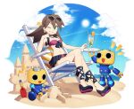  1girl bangs bare_shoulders beach beach_chair bikini blue_sky breasts brown_hair cloud cloudy_sky crossed_legs cup drinking_straw earrings eyewear_on_head food fruit full_body green_eyes highres holding jewelry lemon lemon_slice medium_breasts mega_man_(series) mega_man_legends mizuno_keisuke navel non-web_source ocean official_art one_eye_closed parted_lips rockman_x_dive sand_castle sand_sculpture sandals servbot_(mega_man) sitting skull_earrings sky smile stomach sunglasses swimsuit tray tron_bonne_(mega_man) water 