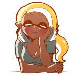  1girl blonde_hair breasts cleavage closed_eyes head_rest headphones inkling medium_breasts mike_inel multicolored_hair pointy_ears shirt smile solo splatoon_(series) t-shirt tentacle_hair two-tone_hair upper_body white_hair 