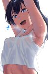  1girl armpit_focus armpits arms_up bangs black_hair blue_eyes breasts commentary dark-skinned_female dark_skin english_commentary heart highres long_hair looking_at_viewer okpriko open_mouth original shirt simple_background small_breasts solo sweat teeth upper_body upper_teeth white_background white_shirt 