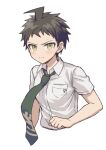  1boy bangs blush breast_pocket brown_eyes brown_hair closed_mouth collared_shirt danganronpa_(series) danganronpa_2:_goodbye_despair green_neckwear haizai hinata_hajime looking_at_viewer male_focus necktie pocket shirt short_hair short_sleeves simple_background solo sweatdrop two-tone_neckwear upper_body white_background white_shirt 