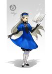  1girl absurdres black_gloves blue_dress blue_hairband book btmr_game butterfly_hair_ornament dress elbow_gloves gloves grey_hair hair_ornament hairband highres lavenza_(persona_5) long_hair pantyhose persona persona_5 puffy_short_sleeves puffy_sleeves shadow short_sleeves signature simple_background skirt_hold smile solo sparkle standing velvet_room white_legwear yellow_eyes 