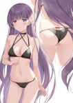  1girl absurdly_long_hair absurdres alternate_costume ass bikini black_bikini black_swimsuit blush breasts commission commissioner_upload fire_emblem fire_emblem:_the_binding_blade fire_emblem_heroes halterneck highres kuroki_(ma-na-tu) long_hair looking_at_viewer navel purple_eyes purple_hair skeb_commission small_breasts smile solo sophia_(fire_emblem) string_bikini swimsuit very_long_hair white_background 