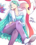  1boy aqua_shirt cloak commentary_request crossed_legs gen_3_pokemon gym_leader hand_up high_collar highres long_sleeves male_focus milotic one_eye_closed pants parted_lips pokemon pokemon_(creature) pokemon_(game) pokemon_rse purple_pants shiny shiny_hair shirt shoes smile sparkle tudurimike wallace_(pokemon) white_cloak white_footwear 