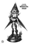  1girl boots breasts cape character_name cleavage cleavage_cutout clothing_cutout commentary copyright_name english_commentary full_body gloves greyscale hat highres large_breasts mazaki_anzu monochrome pelvic_curtain smile solo the_golden_smurf wand wizard_hat yu-gi-oh! 