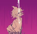  1boy bangs cum cum_on_body cum_on_boy cum_on_clothes danganronpa_(series) danganronpa_2:_goodbye_despair facial grin komaeda_nagito looking_at_viewer male_focus messy_hiar nipples off_shoulder open_mouth pink_background purple_background rope shirt short_sleeves simple_background smile solo upper_body upper_teeth white_shirt yandr4hope 