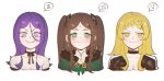  3girls absurdres bare_shoulders blonde_hair braid brown_hair choker collarbone drag-on_dragoon drag-on_dragoon_3 earrings facial_mark five_(drag-on_dragoon) forehead_mark four_(drag-on_dragoon) fur-trimmed_hood fur_trim green_eyes grin highres hood hood_down jewelry long_hair multiple_girls neck_ribbon purple_eyes purple_hair ribbon roman_numeral siblings simple_background single_braid sisters smile smug three_(drag-on_dragoon) two_side_up upper_body white_background yellow_eyes zemzk 