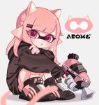  1girl :o animal_ears artist_name bangs black_footwear black_shirt blurry blurry_foreground braid cat_ears cat_tail commentary depth_of_field eyebrows_visible_through_hair facial_mark grey_background hair_ornament hairclip holding holding_weapon hugging_own_legs inkling inkling_(language) kemonomimi_mode logo long_hair long_sleeves looking_at_viewer maco_spl open_mouth pink_hair pointy_ears red_eyes shirt shoes short_shorts shorts simple_background sitting solo splatoon_(series) splatoon_2 splattershot_(splatoon) tail weapon whisker_markings 