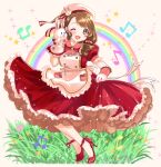  1girl artist_name beamed_eighth_notes brown_eyes brown_hair dress eighth_note grass hand_puppet hat_ornament high_heels idolmaster idolmaster_cinderella_girls idolmaster_cinderella_girls_starlight_stage kurumi_rumi looking_at_viewer mochida_arisa musical_note one_eye_closed puffy_short_sleeves puffy_sleeves puppet rainbow red_dress red_footwear short_sleeves skirt_hold solo sparkle standing star_(symbol) 