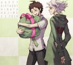  2boys :d ahoge arm_behind_back bandaid bandaid_on_hand bangs black_pants blush brown_hair character_name closed_eyes coat cowboy_shot danganronpa_(series) danganronpa_2:_goodbye_despair dated dress_shirt english_commentary green_coat green_neckwear grey_hair grey_shirt happy_birthday hinata_hajime hood komaeda_nagito male_focus multiple_boys necktie number object_hug open_mouth pants pink_ribbon ribbon shirt short_hair short_sleeves smile standing yandr4hope 