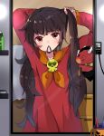  1girl absurdres arms_up ashley_(warioware) brown_eyes cup demon hair_tie_in_mouth herunia_kokuoji highres indoors light_switch long_hair long_sleeves mirror mouth_hold red_shirt shirt skull_brooch towel warioware 