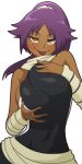  1girl arm_warmers bleach breast_squeeze breasts contrapposto dark-skinned_female dark_skin huge_breasts long_hair mike_inel naughty_face ponytail purple_hair scarf shihouin_yoruichi solo tongue tongue_out transparent_background upper_body white_scarf yellow_eyes 