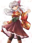  1girl alternate_costume black_legwear boots bow cherry_blossoms fire_emblem fire_emblem:_radiant_dawn flower frilled_skirt frills gau_fe hair_bow japanese_clothes kimono long_hair long_skirt long_sleeves micaiah_(fire_emblem) pantyhose petals silver_hair skirt smile solo white_background wide_sleeves yellow_eyes 