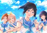  4girls :d bangs black_hair blonde_hair blue_eyes blue_hair blue_neckwear blue_sailor_collar blue_sky blush brown_hair closed_mouth cloud feathers green_eyes hair_ribbon head_tilt hibike!_euphonium highres holding kasaki_nozomi kitauji_high_school_uniform kuziaaizuk liz_to_aoi_tori long_hair looking_at_viewer multiple_girls nakagawa_natsuki neckerchief open_mouth ponytail purple_eyes red_eyes ribbon sailor_collar school_uniform serafuku shirt short_sleeves sky smile watch white_shirt yellow_ribbon yoroizuka_mizore yoshikawa_yuuko 