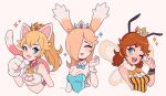  3girls ;d ^_^ absurdres animal_ears antennae artist_name bangs bare_shoulders bee_costume bell blonde_hair blue_eyes blue_leotard blue_neckwear blush bow bowtie bra breasts brown_hair cat_cutout cat_ears cat_lingerie cat_tail cleavage_cutout closed_eyes clothing_cutout commentary cremanata cropped_torso crown detached_collar english_commentary eyebrows_visible_through_hair facing_viewer freckles fur_collar gloves hair_over_one_eye highres insect_wings jingle_bell kemonomimi_mode leotard lipstick long_hair looking_at_viewer makeup mario_(series) medium_breasts meme_attire multiple_girls neck_bell one_eye_closed open_mouth parted_lips paw_gloves paws playboy_bunny ponytail princess_daisy princess_peach rabbit_ears rosalina simple_background smile sparkle striped tail underwear upper_body v v_over_eye vertical_stripes white_background white_bra wings wrist_cuffs yellow_neckwear 