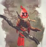  animalization bird branch cardinal_(bird) highres katana looking_at_viewer no_humans red_theme scarf sekiro sekiro:_shadows_die_twice shimhaq solo sword weapon 