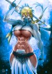  1girl abs arrancar artist_name bleach blonde_hair blue_background breasts clenched_hand covered_mouth dark-skinned_female dark_skin espada green_eyes highres holding holding_sword holding_weapon large_breasts midriff muscular muscular_female sheath side_slit signature solo sword the_golden_smurf tier_harribel underboob weapon 