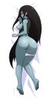  1girl adventure_time anus ass black_hair blue_skin blush breasts breasts_outside colored_skin dakimakura_(medium) fang full_body highres long_hair looking_back marceline_abadeer medium_breasts mike_inel nipples panties panties_around_one_leg pointy_ears pussy red_eyes solo underwear very_long_hair 