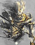  1boy armor commentary dark_souls_iii english_commentary grey_background highres holding holding_polearm holding_weapon nameless_king polearm shimhaq simple_background solo souls_(series) weapon 