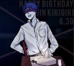  1boy :d bangs belt blindfold breast_pocket cake candle character_name collarbone danganronpa:_trigger_happy_havoc danganronpa_(series) dated english_commentary food gradient gradient_background grey_shirt happy_birthday kirigiri_jin knife long_sleeves male_focus open_mouth pants pocket restrained rocket shirt shirt_half_tucked_in short_hair smile solo spoilers sweat upper_teeth yandr4hope 