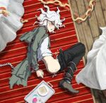  1boy :d after_anal after_fellatio after_sex arms_behind_back artist_name bangs belt black_pants blush bound brown_belt chain chained cuffs cum cum_on_ass danganronpa_(series) danganronpa_2:_goodbye_despair facial food from_above from_side green_jacket handcuffs jacket komaeda_nagito lying male_focus male_underwear on_side open_mouth pale_skin pants plaid print_shirt shirt shoes smile solo stomach toast underwear upper_teeth white_hair white_shirt yandr4hope 