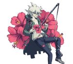  1boy bangs belt black_belt black_pants chain coat collarbone danganronpa_(series) danganronpa_2:_goodbye_despair flower foot_out_of_frame gloves green_coat grey_background grey_hair hood hood_down impaled jacket komaeda_nagito long_sleeves male_focus messy_hair navel open_clothes open_coat open_mouth pants red_flower saliva shirt short_hair simple_background smile solo symbol_commentary upper_teeth weapon white_background white_hair yandr4hope 