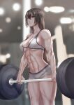  1girl abs alternate_costume backlighting bangs biceps blurry blurry_background breasts brown_hair ceiling_light collarbone cowboy_shot exercise eyebrows_visible_through_hair focused from_side gym hair_between_eyes highres indoors kantai_collection large_breasts light_particles long_hair looking_ahead muscular muscular_female nagato_(kancolle) navel red_eyes shiny shiny_clothes shiny_hair shiny_skin short_shorts shorts sidelocks solo sports_bra standing strong thighs veiny_arms very_long_hair weightlifting white_sports_bra yuichi_(sp_sakura_yoshi) 