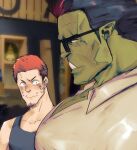  2boys bara black-framed_eyewear breast_envy bursting_pectorals character_request colored_skin facial_hair fang from_side glasses goatee green_skin highres indie_virtual_youtuber interspecies large_pectorals long_sideburns looking_at_another looking_down male_cleavage male_focus meme monster_boy multiple_boys muscle_envy muscular muscular_male old old_man orange_hair orc partially_unbuttoned pectoral_envy_(meme) pectoral_focus pectorals pointy_ears rondon shirt short_hair sideburns sweatdrop upper_body virtual_youtuber white_shirt yaoi yasuyuki_eve 