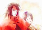  1boy 1girl absurdres black_hair cloak closed_eyes dirge_of_cerberus_final_fantasy_vii final_fantasy final_fantasy_vii goma_tan_tan head_on_another&#039;s_shoulder headband highres huge_filesize long_hair looking_at_viewer red_cloak red_eyes short_hair shoulder_strap smile vincent_valentine yuffie_kisaragi 