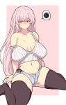  1girl absurdres bangs black_legwear blush breasts camisole commentary_request eyebrows_visible_through_hair fate/grand_order fate_(series) florence_nightingale_(fate) highres ishibori_eregomos large_breasts long_hair midriff navel pink_background pink_hair red_eyes sagging_breasts simple_background skindentation solo spoken_squiggle squiggle thighhighs white_background 