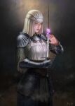  1girl absurdres armor chainmail dark_souls_iii gauntlets green_eyes highres holding_hands magic shoulder_armor sirris_of_the_sunless_realms souls_(series) sword veil weapon white_headwear 