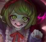  1girl :d bangs blurry close-up commentary danganronpa_(series) danganronpa_another_episode:_ultra_despair_girls depth_of_field dress face frills green_eyes green_hair hairband hand_up hands long_sleeves looking_at_viewer neck_ribbon no_nose open_mouth pink_dress red_hairband red_ribbon ribbon short_hair smile solo teeth towa_monaka upper_body v1v404 
