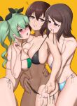  3girls anchovy_(girls_und_panzer) anger_vein bikini black_eyes blush bra_in_mouth breasts brown_hair cleavage collarbone girl_sandwich girls_und_panzer green_hair grin hair_ribbon highres hug large_breasts long_hair looking_at_another medium_hair mika_(girls_und_panzer) multiple_girls navel nishizumi_maho open_mouth pinching red_eyes ribbon sandwiched simple_background smile string_bikini sweat swimsuit takefu_jiin twintails underwear underwear_only yellow_background yuri 