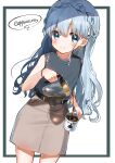  1girl belt black_shirt blue_eyes blue_hair blush bow braid brown_skirt casual coffee coffee_mug coffee_pot cup earrings english_text gochuumon_wa_usagi_desu_ka? hair_bow highres jewelry kafuu_chino long_hair mug pouring ribbon shirt simple_background skirt sleeveless sleeveless_shirt smile solo speech_bubble white_background zumi6 