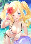  1girl ;d ball bare_arms bare_shoulders beach beachball bikini blonde_hair blue_eyes blush breasts cleavage collarbone day drill_hair eyebrows_visible_through_hair fingernails flower hair_flower hair_ornament halterneck honolulu_(kancolle) kantai_collection large_breasts long_hair nail_polish ocean one_eye_closed open_mouth ouri_(aya_pine) pink_nails red_flower revision shaka_sign side-tie_bikini smile solo string_bikini swimsuit twin_drills twintails white_bikini 