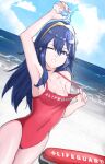  1girl absurdres alternate_costume beach blue_eyes blue_hair blush bottle breasts day fire_emblem fire_emblem_awakening grimmelsdathird hair_between_eyes highres lifeguard long_hair looking_at_viewer lucina_(fire_emblem) one-piece_swimsuit one_eye_closed red_swimsuit simple_background sky small_breasts solo swimsuit symbol-shaped_pupils tan tanlines tiara wet 