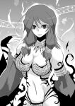  1girl aura bangs bikini bio_lab breasts bridal_gauntlets cleavage commentary_request detached_sleeves eighth_note emon-yu eyebrows_visible_through_hair gem greyscale gypsy_(ragnarok_online) jewelry large_breasts long_hair looking_at_viewer monochrome musical_note navel necklace ragnarok_online sequins sidelocks smile solo staff_(music) strapless strapless_bikini swimsuit trentini upper_body 