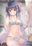  1girl :t absurdres bare_shoulders black_hair bra breasts cameltoe choker cleavage closed_mouth curtains dengeki_moeou frilled_bra frilled_panties frills front-tie_bra front-tie_top groin hair_ornament hair_ribbon hairclip half_updo hand_up highres holding lingerie long_hair long_sleeves looking_at_viewer medium_breasts nanami_yuuno navel no_pants off_shoulder open_clothes open_shirt panties petals pout ribbon shirt side-tie_panties sitting solo sousouman stomach string_bra thighhighs thighs underwear white_bra white_choker white_legwear white_panties white_shirt x_hair_ornament yellow_eyes 