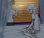  2boys bandaged_arm bandaged_leg bandages bangs bed black_pants collared_shirt curtains danganronpa_(series) danganronpa_2:_goodbye_despair english_commentary from_behind grey_hair grey_shirt hinata_hajime komaeda_nagito looking_out_window male_focus male_underwear medium_hair messy_hair multiple_boys on_bed pants pink_blood plaid shirt short_sleeves shorts sitting standing t-shirt underwear what_if white_shirt yandr4hope 