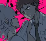  2boys angry bangs bottle breast_pocket clothes_pull danganronpa_(series) danganronpa_2:_goodbye_despair english_commentary grey_hair highres hinata_hajime komaeda_nagito looking_at_another male_focus messy_hair multiple_boys necktie pink_background pocket polearm shirt shirt_pull short_hair simple_background smile spear tearing_up teeth upper_body weapon what_if yandr4hope 