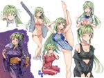  1girl ;d absurdres alternate_costume amagi_(amagi626) bare_legs bikini black_jacket blue_eyes breasts cardigan cleavage competition_swimsuit covered_navel frog_hair_ornament green_hair hair_bun hair_ornament hair_tubes hand_fan highres holding huge_filesize jacket japanese_clothes kimono kochiya_sanae large_breasts long_hair long_sleeves looking_at_viewer multiple_views obi one-piece_swimsuit one_eye_closed open_mouth pink_bikini sash school_uniform shirt side-tie_bikini simple_background smile snake_hair_ornament split sports_bra squatting standing standing_on_one_leg standing_split sweat swimsuit touhou track_jacket track_suit wading white_background white_shirt wide_sleeves yukata 