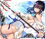  1girl :o absurdres ass black_hair blue_eyes breasts cloud dutch_angle fate/grand_order fate/requiem fate_(series) highres holding holding_staff looking_at_viewer magatama magatama_hair_ornament medium_breasts multicolored_hair open_mouth outdoors red_hair revealing_clothes rope short_hair sideboob sky solo staff toukan two-tone_hair utsumi_erise water 