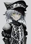  1girl absurdres black_headwear checkered checkered_clothing checkered_headwear green_eyes grey_background grey_hair grey_theme hat highres original parted_lips puffy_sleeves short_hair simple_background smile solo turtleneck upper_body yamori_no_o yellow_eyes 