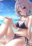  1girl bangs beach bikini blush breasts groin inuno_pesu kokkoro_(princess_connect!) large_breasts leaning looking_at_viewer looking_to_the_side natusimamemo older pink_eyes pointy_ears princess_connect! short_hair silver_hair sitting smile swimsuit water 