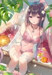  1girl bare_shoulders bead_bracelet bead_necklace beads black_hair bra bracelet breasts cleavage doughnut drinking_straw earrings food hair_ribbon highres hurricane_glass jewelry large_breasts lingerie long_hair looking_at_viewer miwabe_sakura navel necklace off_shoulder open_clothes open_mouth original panties pink_bra pink_panties purple_eyes ribbon sitting smile soaking_feet solo stomach underwear underwear_only water 