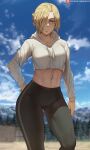  1girl annie_leonhardt black_pants blonde_hair blue_eyes blue_sky breasts closed_mouth cloud day hair_over_one_eye hand_on_hip highres jacket long_sleeves looking_at_viewer medium_breasts midriff navel outdoors pants patreon_username shexyo shingeki_no_kyojin short_hair sky solo standing white_jacket 