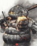  1boy alcohol armor beer beer_mug commentary cup dark_souls_iii english_commentary full_armor helmet highres holding holding_sword holding_weapon male_focus mug over_shoulder shimhaq siegward_of_catarina signature solo souls_(series) sword weapon weapon_over_shoulder 