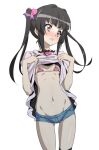  1girl bikini black_hair blue_shorts blush bow bowtie breasts clothes_lift eyebrows_visible_through_hair fujikawa_daichi groin hair_ornament hair_ribbon lifted_by_self looking_to_the_side navel parted_lips pink_bikini pink_neckwear red_eyes ribbon senki_zesshou_symphogear shiny shiny_hair shirt_lift short_shorts shorts simple_background small_breasts solo standing swimsuit tsukuyomi_shirabe twintails white_background 