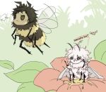  animal animalization arms_up bangs bee black_eyes brown_eyes brown_hair bug character_name closed_mouth danganronpa_(series) danganronpa_2:_goodbye_despair english_commentary flower flying heart hinata_hajime insect komaeda_nagito messy_hair moth needle no_humans red_flower short_hair wings yandr4hope 